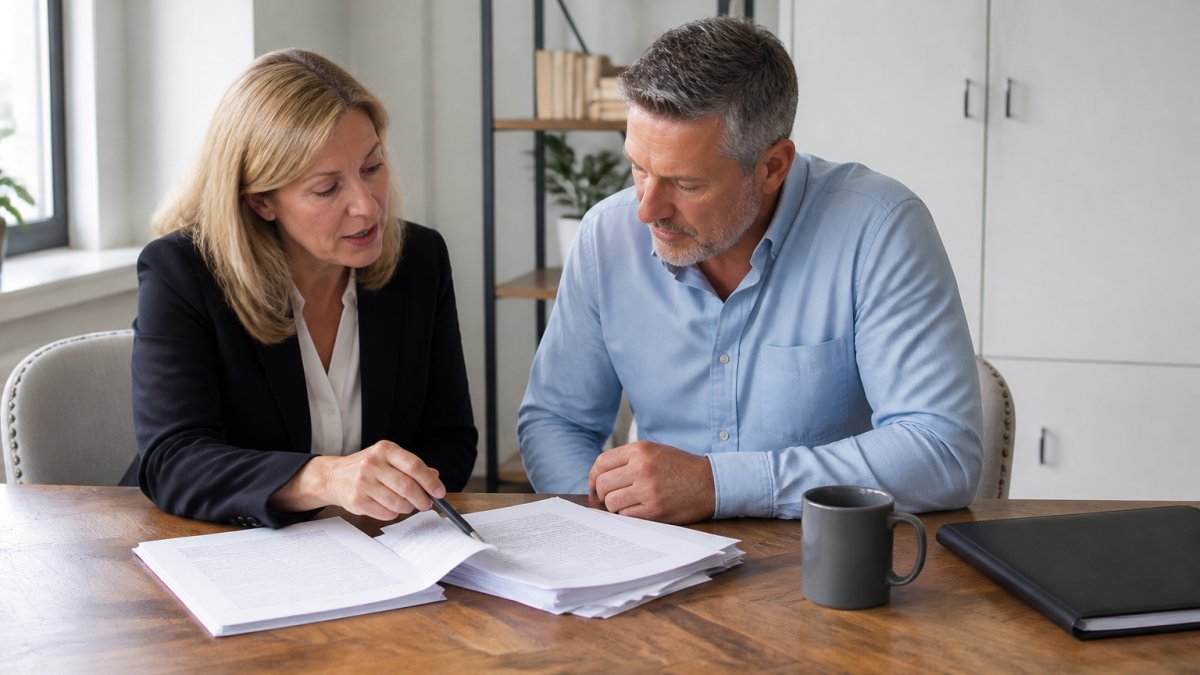Business owner and insurance agent reviewing consolidated policy documents together at a desk in a bright, professional office setting
