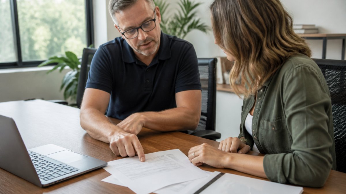 A business owner and an insurance agent reviewing policy documents together at a desk, pointing at a section of the paperwork, with a laptop open nearby