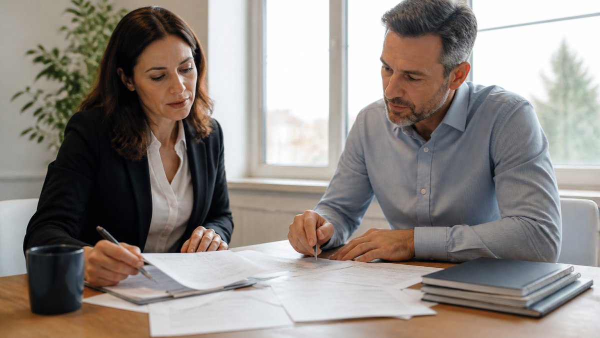 Business owner and insurance broker reviewing business insurance coverage options at a sunlit office desk