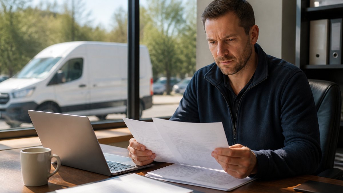 A business owner reviewing insurance policy documents at a desk with a laptop showing a claim summary, a cup of coffee nearby, and a company van visible through the window in daylight