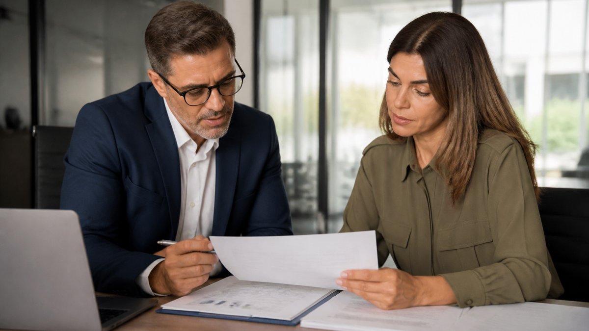 A small business owner and an insurance agent reviewing claim documents together at a desk in a bright office, with a laptop and printed policy papers visible