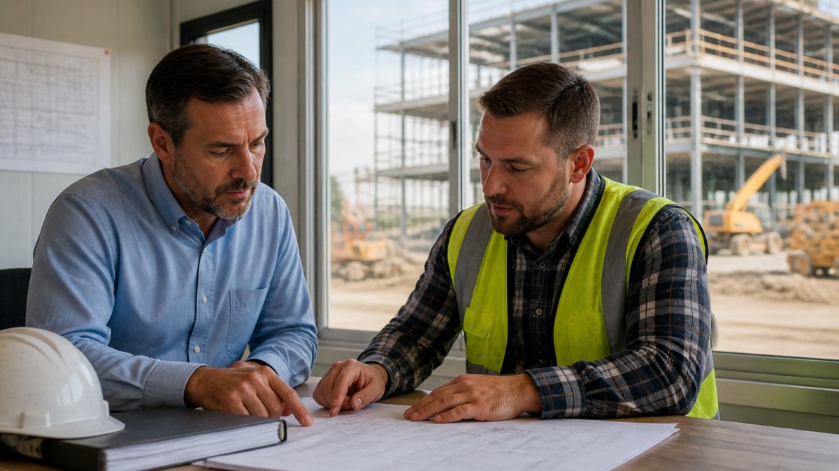 A construction project owner and an insurance broker reviewing policy documents together at a job site trailer, with a commercial building under construction visible through the window